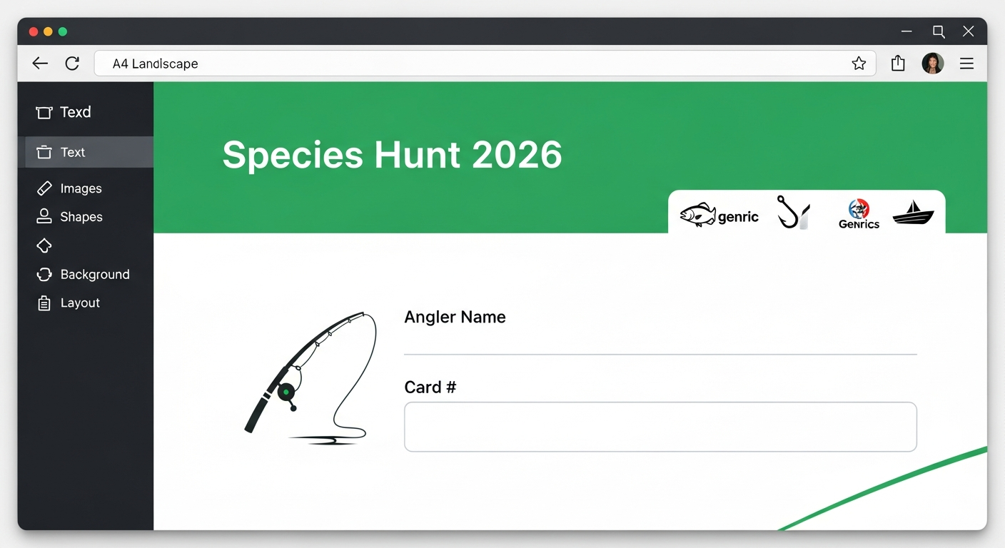 Drag-and-drop competition card designer with canvas, design tools, and sample A4 landscape card