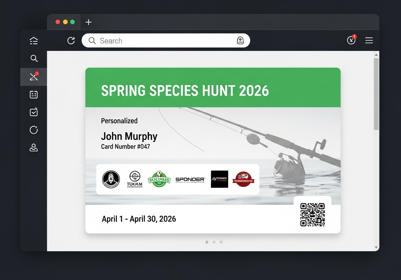 Personalised competition card with angler name and unique card number