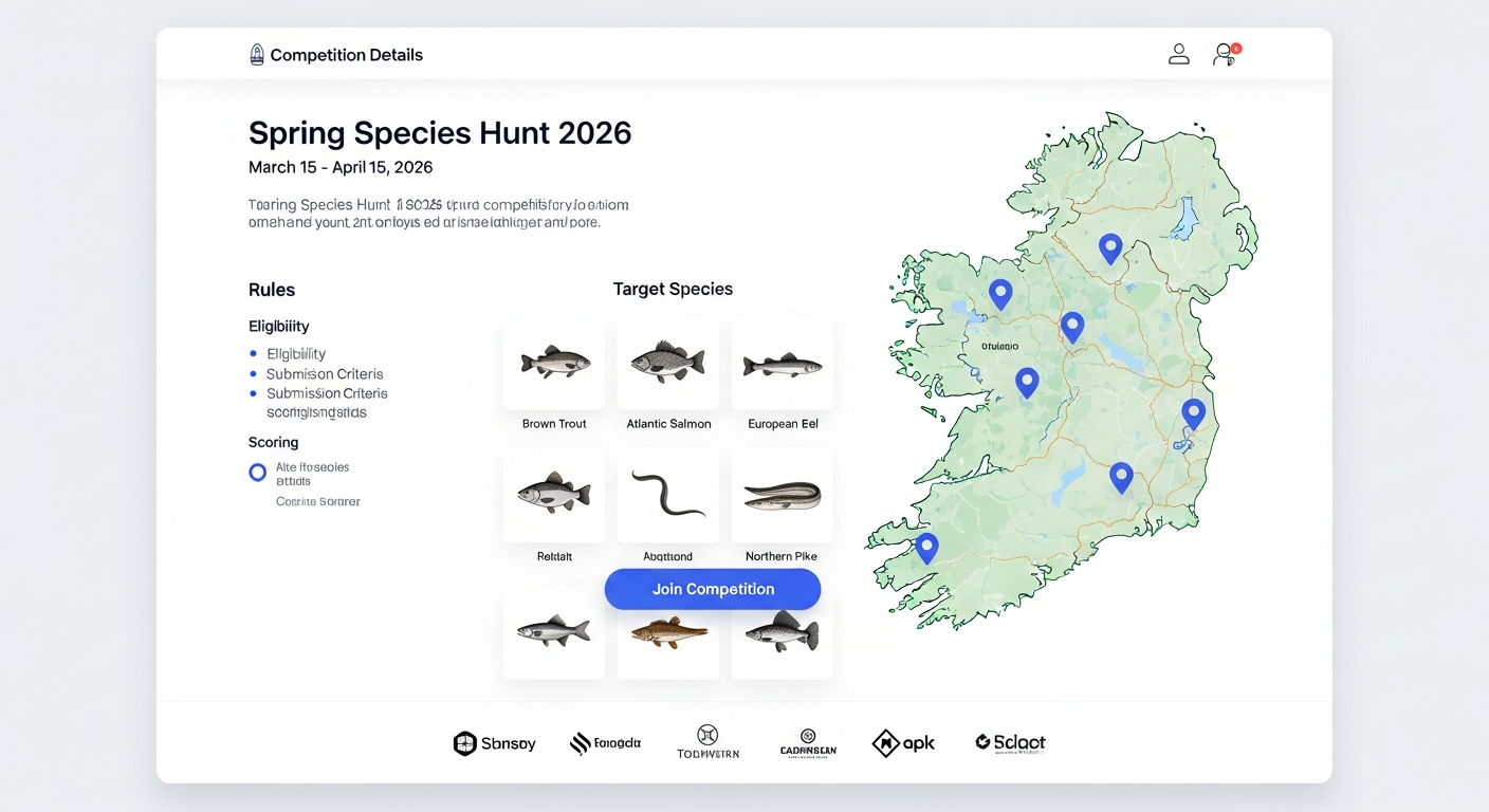 Competition detail page with rules, target species, map, and Join Competition button