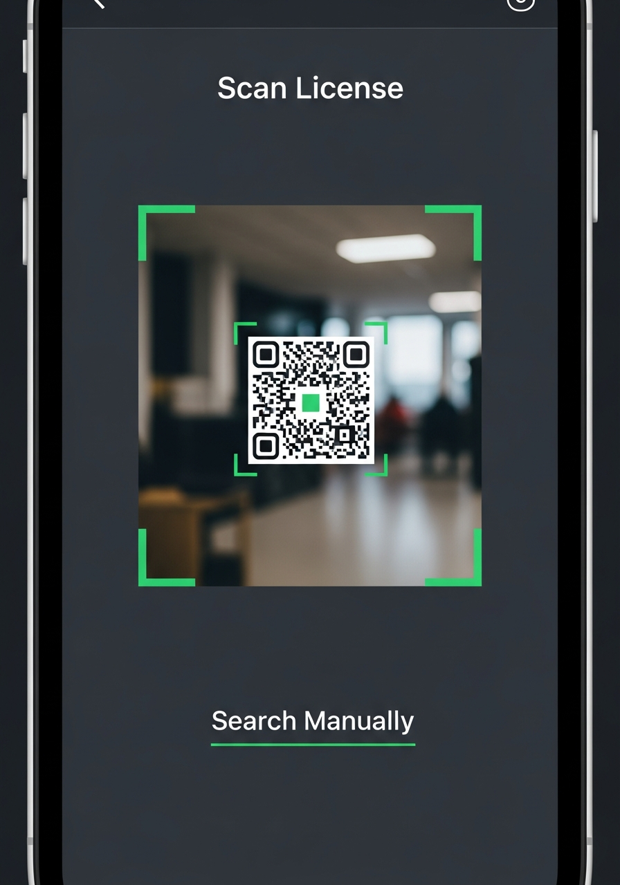 QR code scanner interface with camera viewfinder for scanning fishing licenses