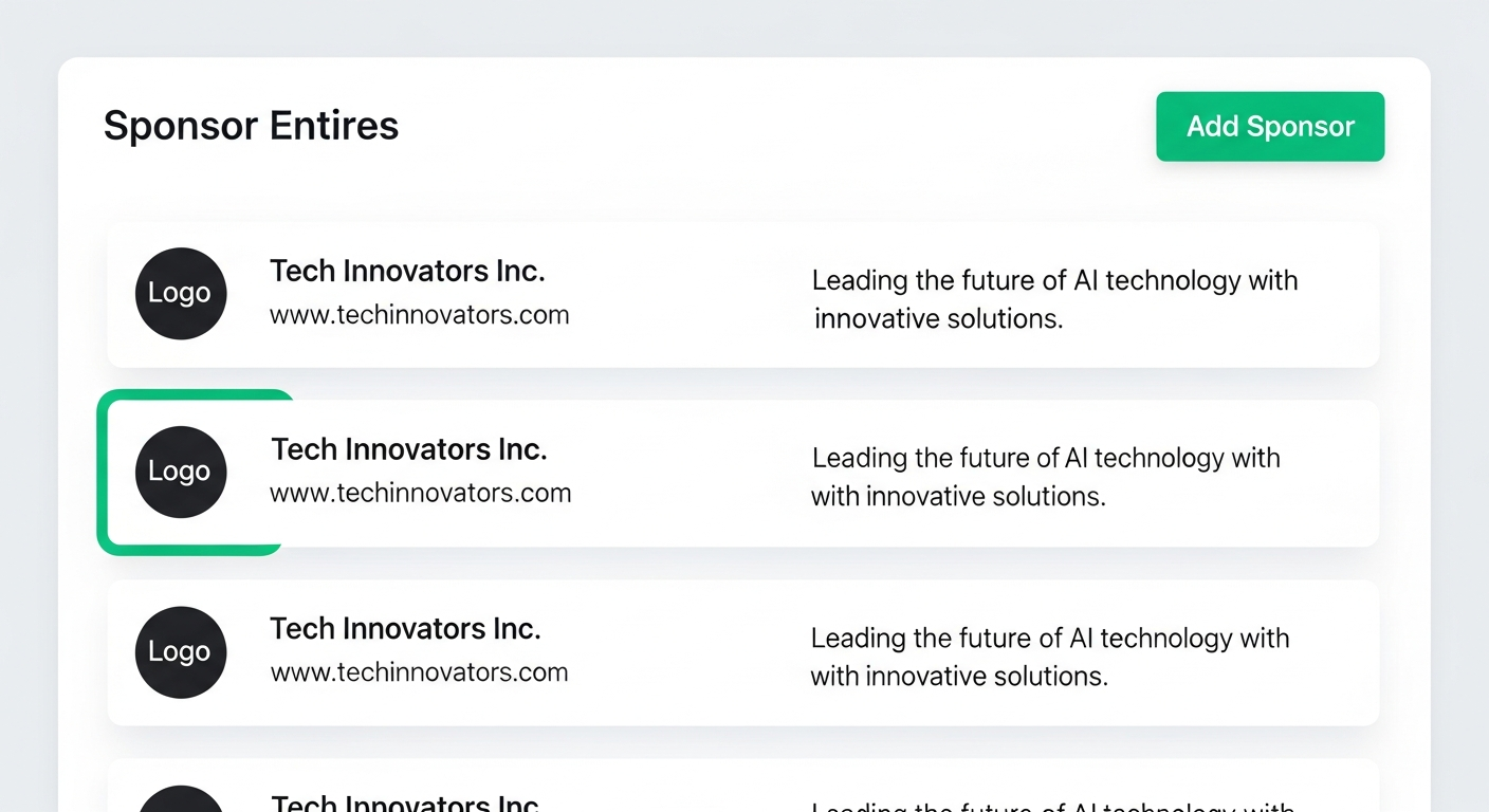 Sponsor management page showing sponsor entries with logos, names, and website links