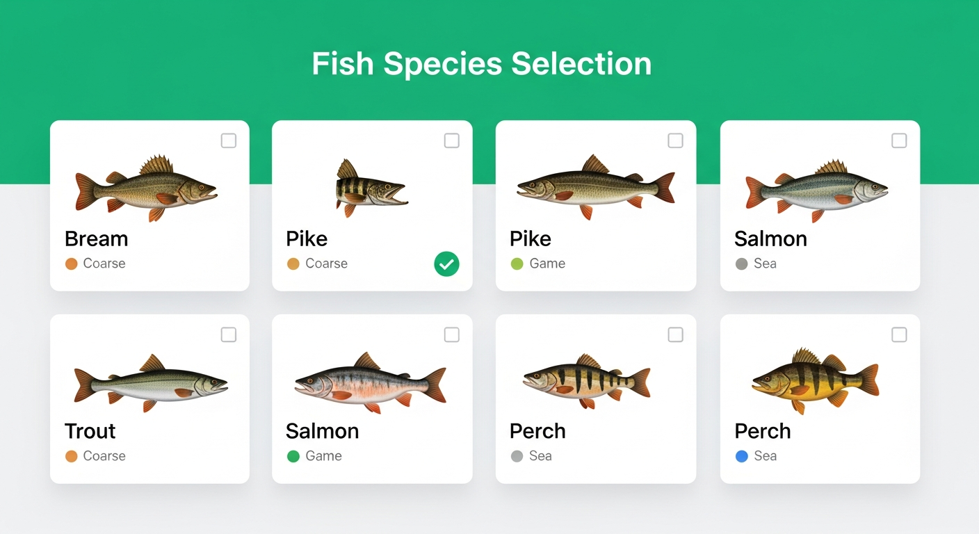 Target species selection grid showing fish species cards with checkboxes for choosing competition species